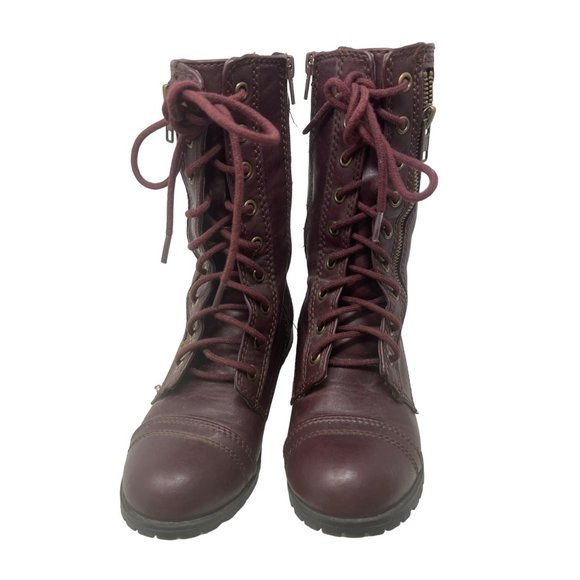 Soda Lace Up Combat Motorcycle Riding Boots Women 5 Buckle Burgundy Red Military - Picture 2 of 8